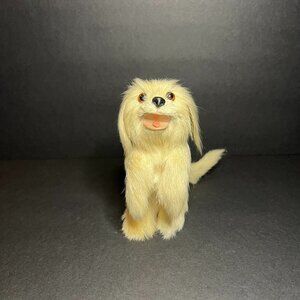 Vintage Cream Colored Real Fur Floppy Ear Rearing Puppy Dog Figurine Toy 4.5"